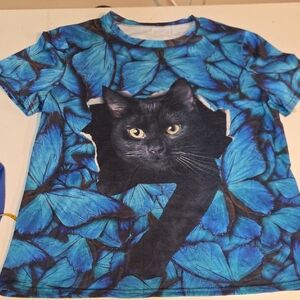 Blue Butterfly Black Cat T-Shirt
